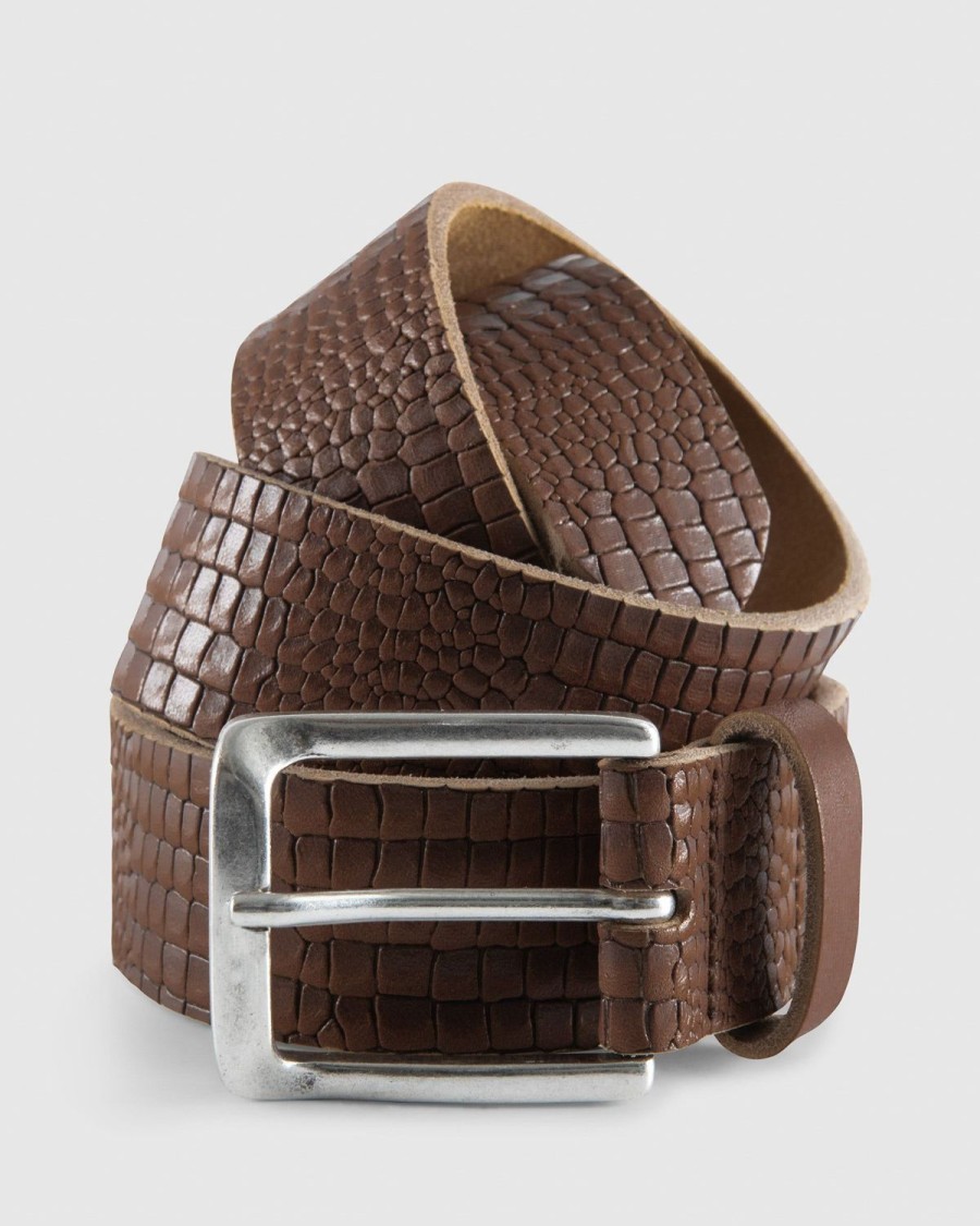 Men johnnie-O Belts | Vintage Lizard Embossed Leather Belt Tobacco